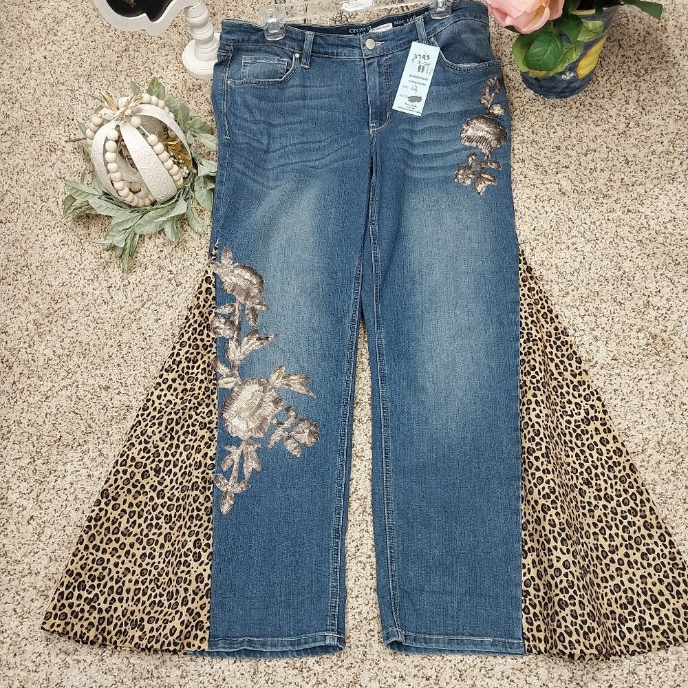 3793 Size 12 Upcycled Crown & Ivy Sequin Applique Black & Gold Bell-Bottoms - Picture 1 of 6